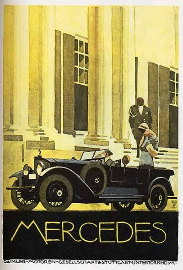 Vintage-Mercedes-Benz-Plakat aus den 1920er Jahren, das ein klassisches Auto zeigt, das vor einem modernen Gl├Ąserturm mit zwei Personen im Auto und 'Mercedes-Benz'-Text unten geparkt ist.