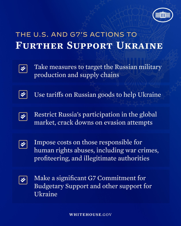 Blauer Plakat mit weißer Schrift und Logo, das "Die USA und die G7-Maßnahmen zur weiteren Unterstützung der Ukraine" lautet, vor blauem Hintergrund.