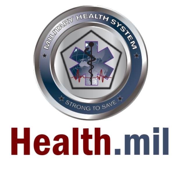 Ein blauer Kreis mit einem weißen Stern in der Mitte, umgeben von einem weißen Rand, mit der schwarzen, fetten Schrift "Health.mil".