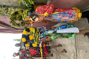 Eine Gruppe von Menschen in bunten Kostümen steht zusammen vor einem Gebäude, mit verschiedenen Gegenständen in den Händen, vor einem Hintergrund aus Bäumen, Gebäuden und einem klaren blauen Himmel während eines Karnevalsumzugs.