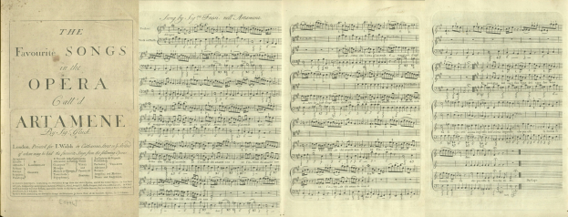 Offenes Buch mit dem Titel 'Die Lieblingslieder in der Oper' mit musikalischer Notation und Text.