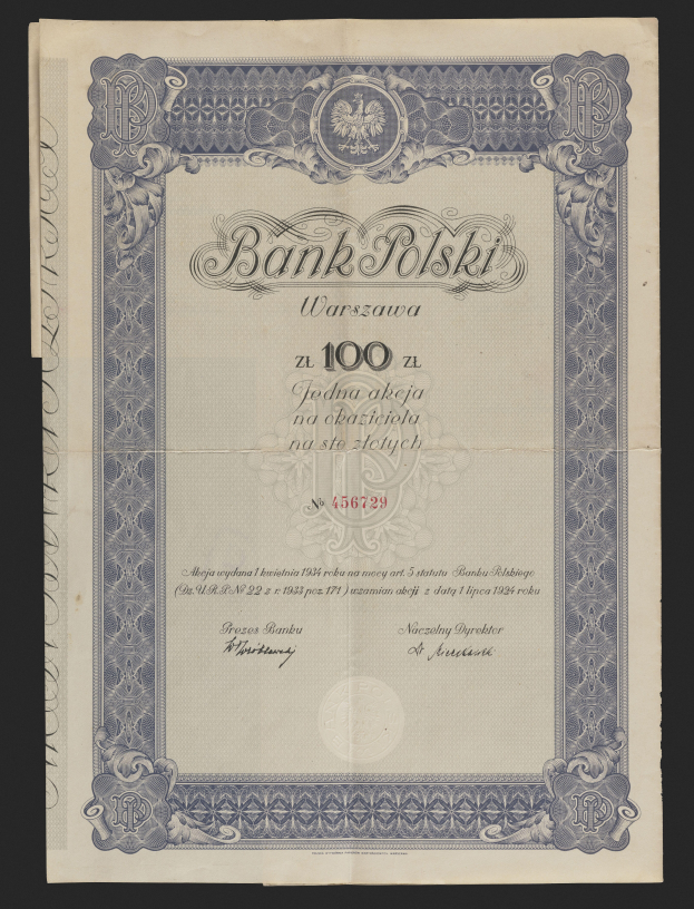 Eine alte Banknote mit einem blauen Rand auf einem schwarzen Hintergrund, die Text und ein Design wie ein Aktienzertifikat zeigt.