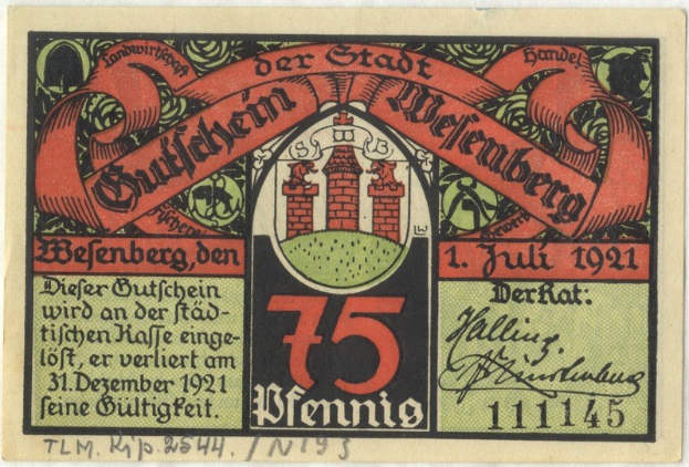 Alte deutsche Banknote mit einem Gebäude, dem Wort "Bundesliga" und einem Logo auf weißem Hintergrund.