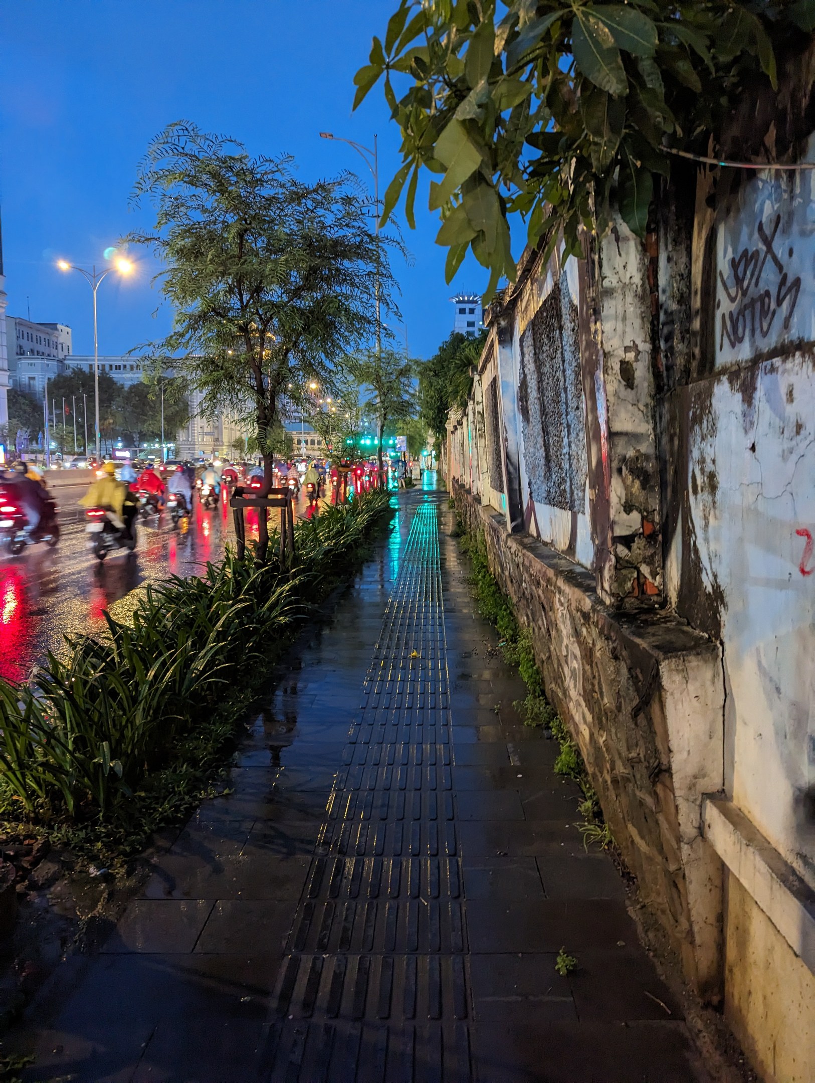 Eine nächtliche Straßenansicht mit Graffiti an der Seite, beleuchtet von Straßenlaternen, mit fahrenden Kraftfahrzeugen, Bäumen, Pflanzen, Gebäuden und einem sternenklaren Himmel im Hintergrund.