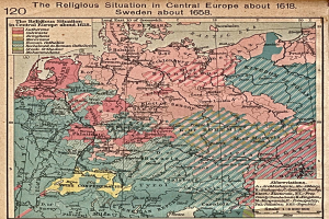 Eine historische Landkarte von Mitteleuropa aus dem Jahr 1618, die die religiöse Landschaft der Region mit detaillierten Textanmerkungen zeigt.