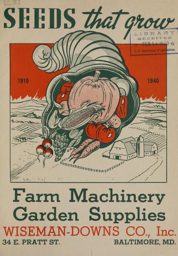 Ein Vintage-Plakat von Wiseman-Downs Co., Inc. mit verschiedenen Landmaschinen und Gartenzubehör.