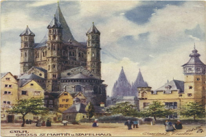 Alte Postkartenillustration der St. Martinskirche in St. Paul, Deutschland, die die Kirche umgeben von Gebäuden, Bäumen und Menschen zeigt, mit einem bewölkten Himmelhintergrund und Text am unteren Rand.