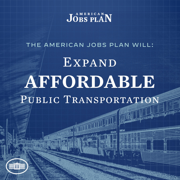 Ein Plakat mit einem Zug auf Schienen mit ein paar Menschen in der N├Ąhe, der Text lautet "The American Jobs Plan Will Expand Affordable Public Transportation".
