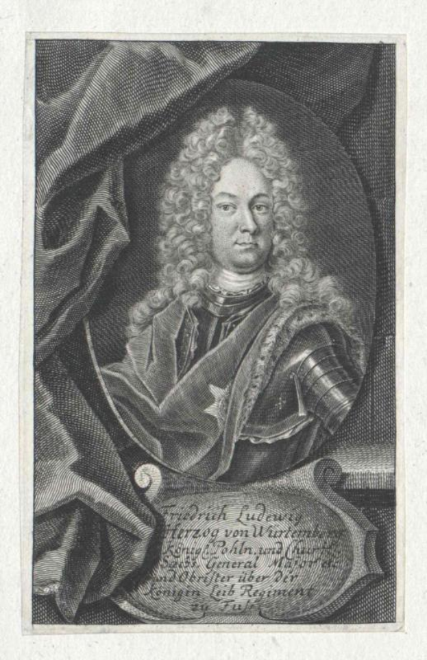 Ein schwarz-weißes Gravurporträt eines strengen Mannes mit langen Locken, identifiziert als Ludwig von Würzburg, der eine Rüstung trägt und in deutscher Sprache beschriftet ist.