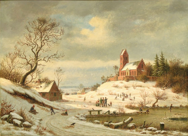 Winterlandschaft mit einer Kirche im Hintergrund, in einem Photo-Frame gerahmt, mit Bäumen, Häusern, Menschen, Tieren, Schnee, Felsen und einem bewölkten Himmel.