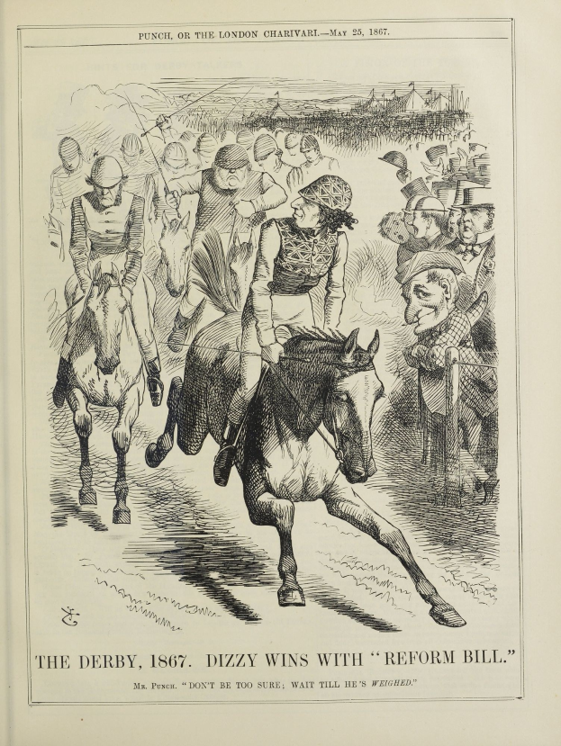 Buchumschlag mit einer Kastanienbraunen Stute mit einer weißen Blesse, schwarzer Mähne und Schweif sowie einem Jockey in einem blauen und weißen gestreiften Hemd mit einer roten Mütze; Text lautet "The Derby, 1867, Dizzy Wins with Reform Bill".