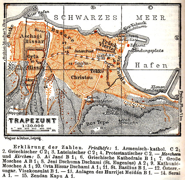 Ein detailliertes altes Stadtplan von Trapezunt, Deutschland, der Straßen, Gebäude, Sehenswürdigkeiten und Text mit Informationen über die Bevölkerung, Straßen und Sehenswürdigkeiten zeigt.