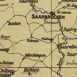 Detailreiche Vintage-Karte von Saarbrücken, Deutschland, zeigt Straßen, Gebäude und Sehenswürdigkeiten mit klassischer Typografie.