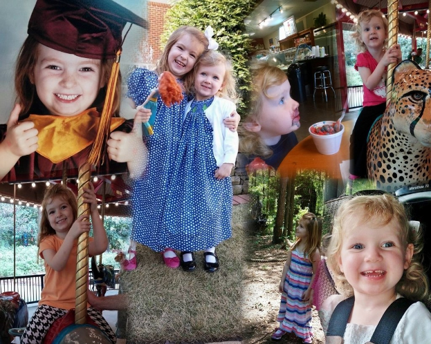 Collage mit lustigen Fahrgeschäften, Kindern an einem Tisch mit Essen und Besteck, Außenbereichen wie Lichtern, Bäumen und Gras sowie einem Seil und Hut.