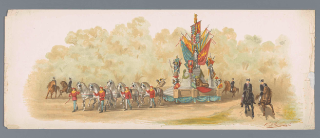 Ein Bild eines Karnevals-Umzugs mit Menschen in bunten Kostümen auf Pferden vor einem geschmückten Wagen, mit Bäumen und einem klaren blauen Himmel im Hintergrund.