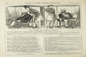 Ein altes Buch mit einer Zeichnung eines Mannes in einem Anzug, der in einem Stuhl sitzt und eine Frau neben ihm steht, der Text auf der Seite lautet "Die Macht der öffentlichen Meinung".