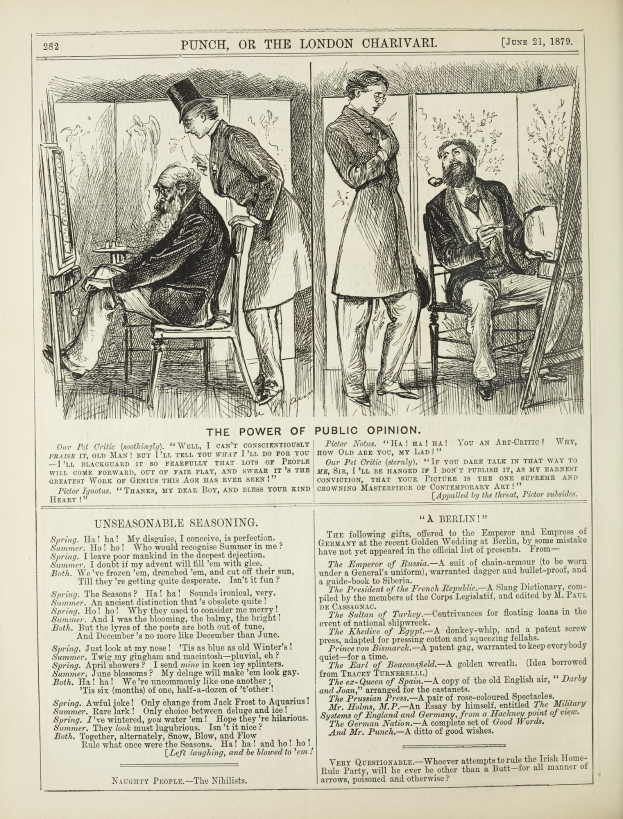 Ein altes Buch mit einer Zeichnung eines Mannes in einem Anzug, der in einem Stuhl sitzt und eine Frau neben ihm steht, der Text auf der Seite lautet "Die Macht der öffentlichen Meinung".