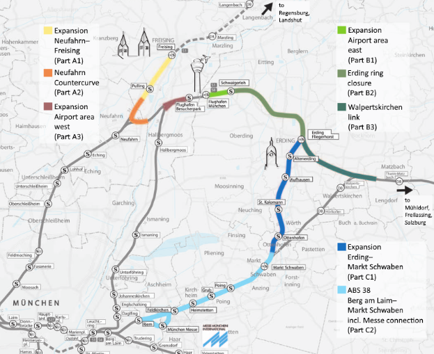 Eine detaillierte Stadtkarte, die eine hervorgehobene Zugroute von München nach Frankfurt zeigt, einschließlich Haltestellen, Umgebung und Text mit zusätzlichen Informationen zum Zug.
