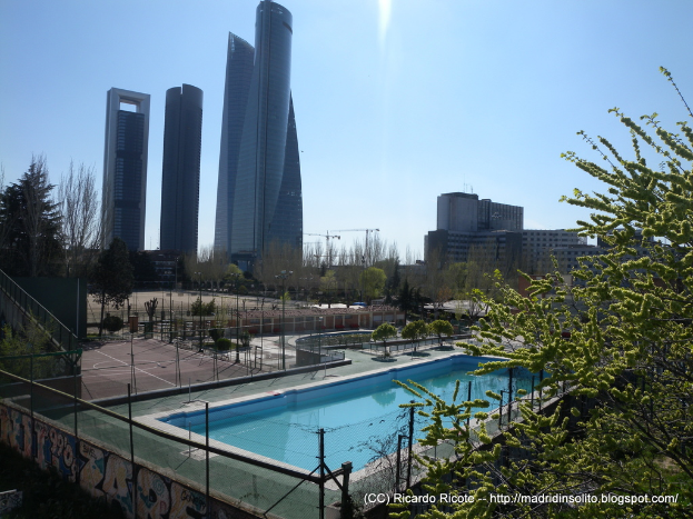 Ein Blick nach draußen mit einem Swimmingpool unten, Bäumen in der Mitte und Himmel oben.