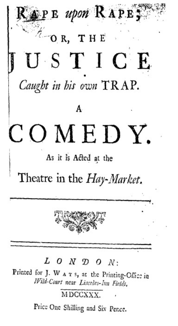 Schwarzes und weißes Plakat mit der Aufschrift "Vergewaltigung auf Vergewaltigung oder die Gerechtigkeit, die in ihrer eigenen Falle gefangen ist" in fetter schwarzer Schrift, wahrscheinlich für eine Comedy-Show.