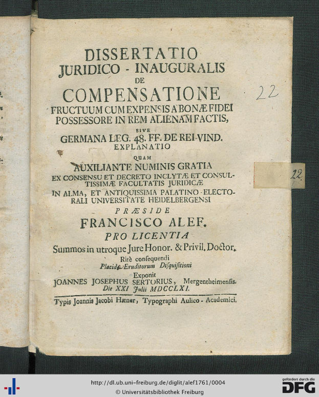 Ein aufgeschlagenes Buch mit dem Titel "Dissertation Juridico - Inauguralis de Compensation" in Schwarz auf Weiß mit einem schmalen schwarzen Rahmen.