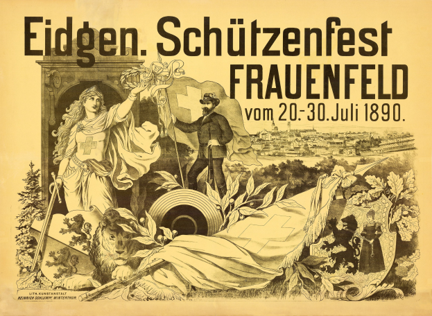Plakat für das Eidgenössische Schützenfest in Frauenfeld, Deutschland, mit einem Mann im Anzug und einer Frau in einem Kleid und Veranstaltungstext.