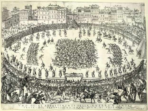 Gravierung einer großen Menge, die in einer lebhaften Schlacht in einer Arena mit Gebäuden im Hintergrund beteiligt ist, mit der Beschriftung "Festa del Serenissimo Gran di Toscana" unten.
