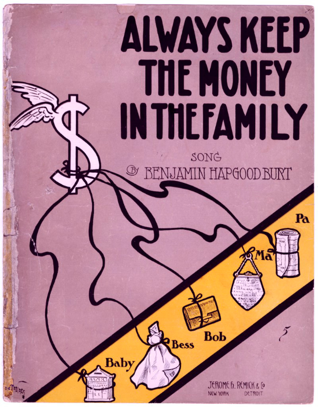 Ein Plakat mit der Aufschrift "Immer das Geld in der Familie lassen" in fetter schwarzer Schrift auf weißem Hintergrund, mit einer bunten Illustration einer strahlenden Familie von vier Personen, die in einem Kreis unter einem hellblauen Himmel mit weißen Wolken stehen.