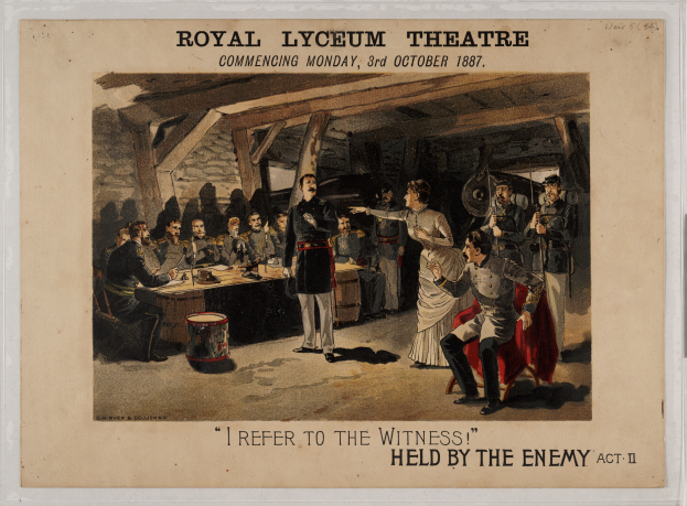 Ein Plakat des Royal Lyceum Theatre zeigt eine Gruppe von Menschen um einen Tisch mit verschiedenen Gegenständen herum, mit dem Text "Ich beziehe mich auf den Zeugen, der vom Feind festgehalten wird, Akt II" oben und unten.