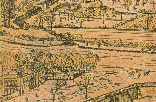 Eine detaillierte Zeichnung einer Stadt mit einem gewundenen Fluss, umgeben von üppigen grünen Bäumen und hohen Gebäuden, die eine friedliche Atmosphäre vermitteln.