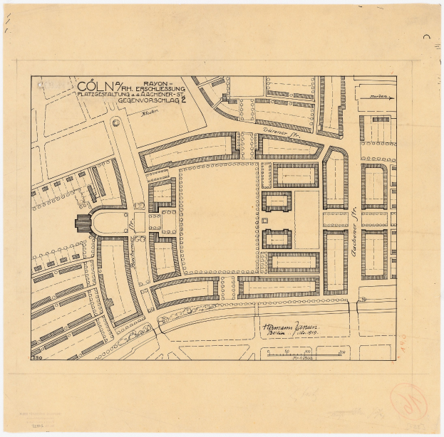 Alte Karte von Köln, Deutschland, mit detaillierter Gebäudeplanung und handgeschriebenen Textanmerkungen auf altem Papier.