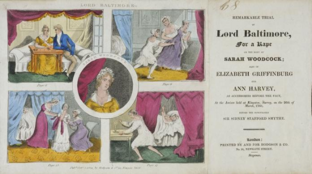 Eine historische Dokumentenillustration eines Prozesses, die ein Blatt mit Porträts, Vorhängen und Text zeigt, das einen Prozess wegen Vergewaltigung von Sarah Woodcock und Elizabeth Griffinburg darstellt.