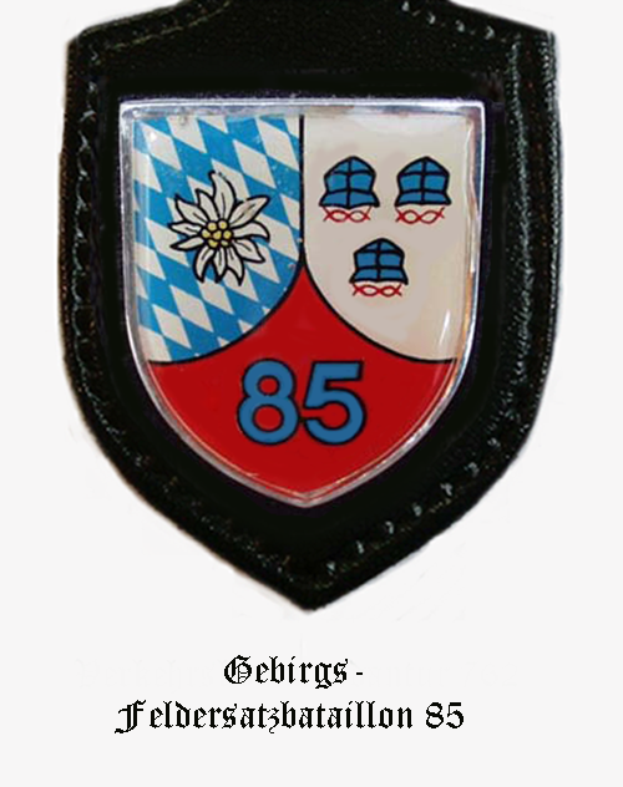 Ein Abzeichen mit der Nummer 85, das das bayerische Füßtballteam repräsentiert, mit deutschem Text unten.