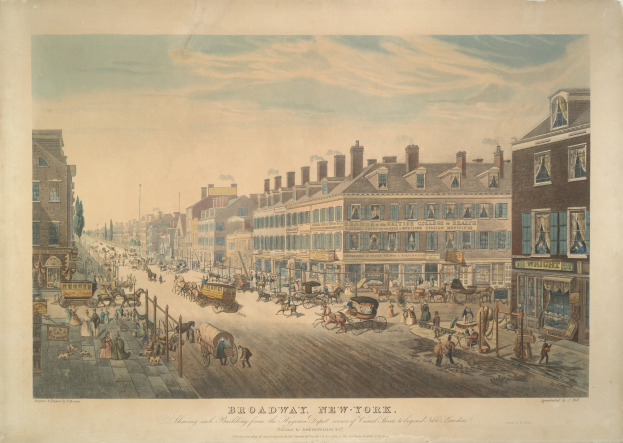 Gemälde einer 19. Jahrhundert New Yorker Stadtstraße mit Gebäuden, Pferdewagen, Fußgängern, Versorgungsmasten, Bäumen und Himmel, mit Text unten.