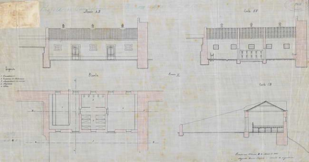 Ein detaillierter Architekturplan eines Gebäudes mit zahlreichen Fenstern, der als Lageplan für eine neue Schule bezeichnet wird, einschließlich umfassender Layoutdetails und Text.