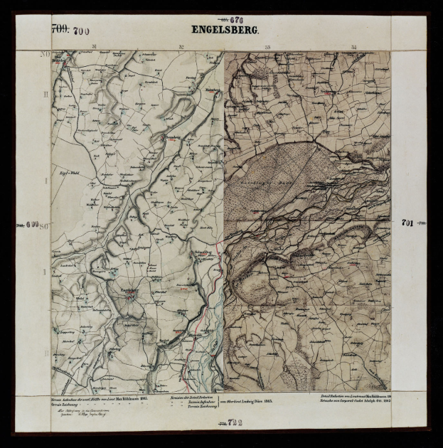 Ein altes topografisches Kartenbild von Engelsberg, Deutschland, mit schwarzem Rand, das detaillierte Straßen, Berge und andere geografische Merkmale sowie beschreibenden Text zeigt.