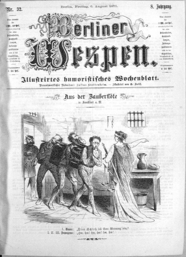 Alte schwarze und weiße Zeitung vom 'Berliner Wespen, 6. August 1875' mit einer Gruppe von Menschen in Not, einige schauen ängstlich hoch und andere verwirrt nach unten.
