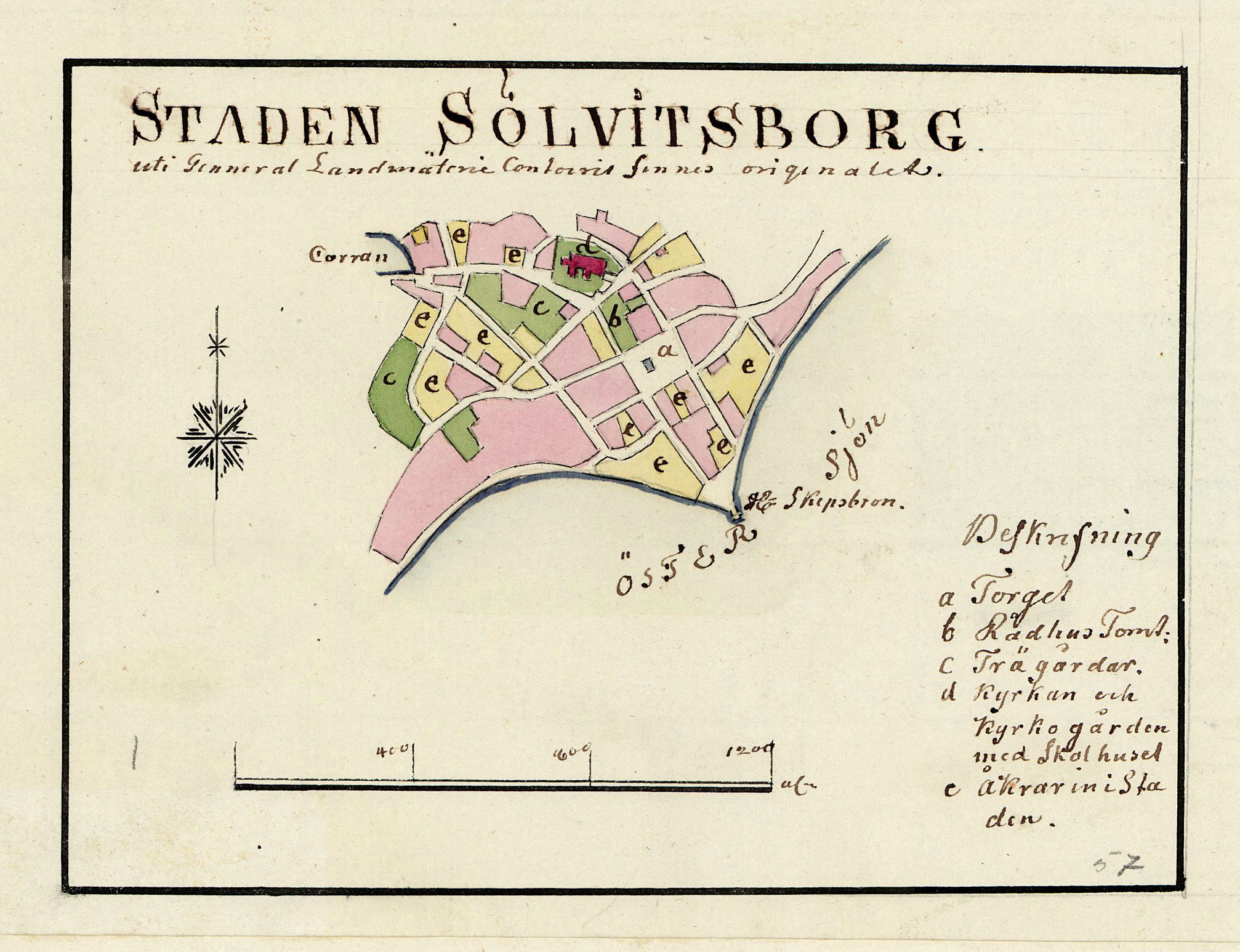Detailierte Karte der Stadt Solvitsborg, Schweden, mit Straßen, Gebäuden und Sehenswürdigkeiten markiert auf Papier.