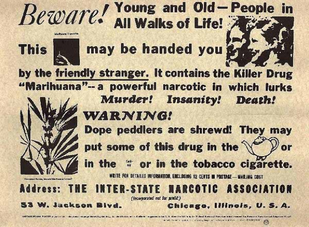 Schwarz-weißes Zeitungsinserat für die Inter-State Narcotic Association mit einem Bild eines Mannes und einer Frau und dem Warnhinweis "Vorsicht, jung und alt in allen Lebensbereichen"