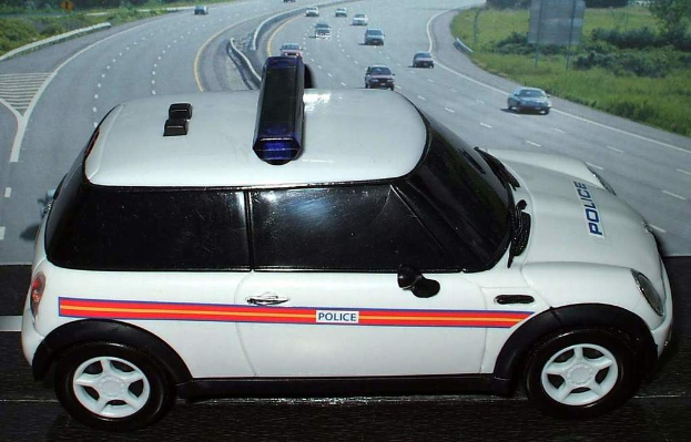 Ein weißes Polizeiauto steht im Vordergrund mit mehreren Autos, die sich auf der Straße dahinter bewegen, umgeben von Gras und Bäumen auf beiden Seiten.