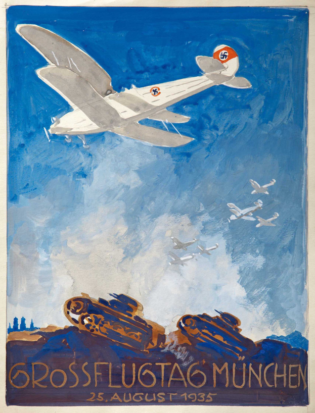 Plakat für eine Luftfahrtausstellung in München am 25. August 1935, das ein Flugzeug zeigt, das durch den Himmel fliegt, mit anderen Flugzeugen im Hintergrund.