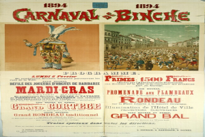 Ein Vintage-Plakat, das ein Fasching in Banche, Frankreich, ankündigt und Illustrationen von Menschen, Gebäuden und Text enthält.