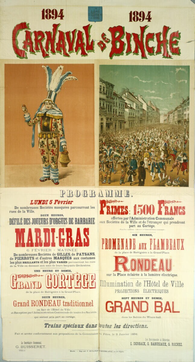 Ein Vintage-Plakat, das ein Fasching in Banche, Frankreich, ankündigt und Illustrationen von Menschen, Gebäuden und Text enthält.