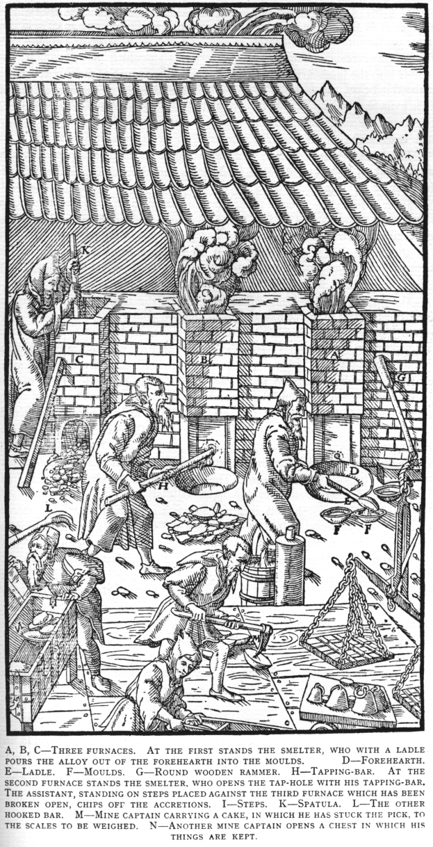 Eine Schwarz-Weiß-Zeichnung einer Gruppe von Menschen, die in einer Fabrik arbeiten, mit einem Haus im Hintergrund und einem Text unten, der lautet "A.B.C. Drei Öfen stehen am Ersten der Schmelzofen."
