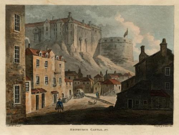 Gemälde von Edinburgh Castle in Schottland mit Gebäuden, Menschen, Karren, einer Fahne, Wolken am Himmel und Text unten.