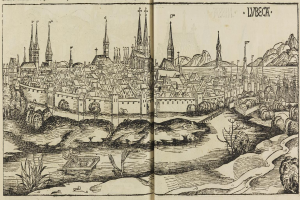 Altes Buch offen mit einer detaillierten Karte von Arnheim, Deutschland, mit sichtbaren Straßennamen, Gebäuden und Sehenswürdigkeiten.