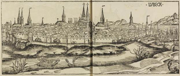 Altes Buch offen mit einer detaillierten Karte von Arnheim, Deutschland, mit sichtbaren Straßennamen, Gebäuden und Sehenswürdigkeiten.