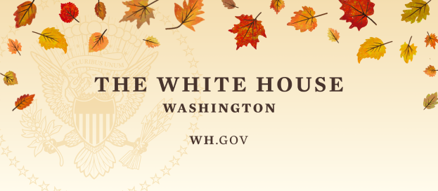Ein Plakat mit der schwarzen, fetten Schrift "Das Weiße Haus Washington", umgeben von einem Logo des Weißen Hauses und Herbstblättern in Rot, Orange und Gelb.