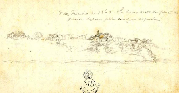 Eine alte Postkarte aus dem Jahr 1760 mit einer Zeichnung eines kleinen, friedlichen Dorfes, umgeben von Bäumen und Häusern, mit Text und Logo unten.