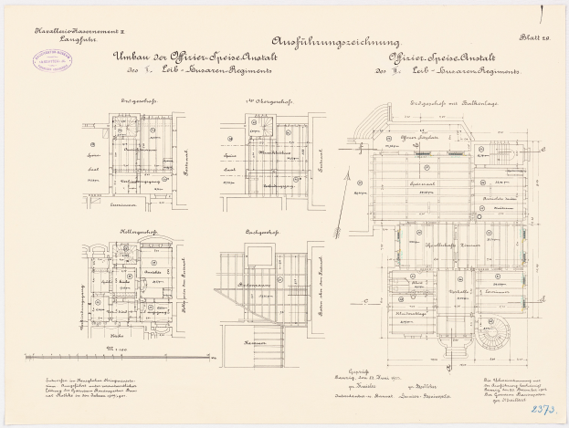 Detailierter Grundrissplan des ehemaligen Arbeitszimmers des deutschen Bundeskanzlers, der den Aufbau des Gebäudes mit verschiedenen Räumen und Textanmerkungen zeigt.